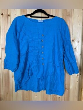 Pure Venice women’s 100% Linen Blouse Large Italy Blue Artsy Whimsy Minimalist